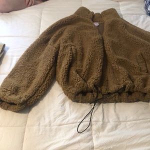 Fuzzy zip-up jacket.